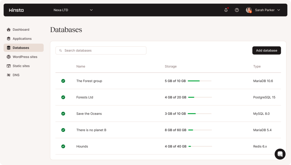 Captura de tela da funcionalidade de gerenciamento de banco de dados do MyKinsta