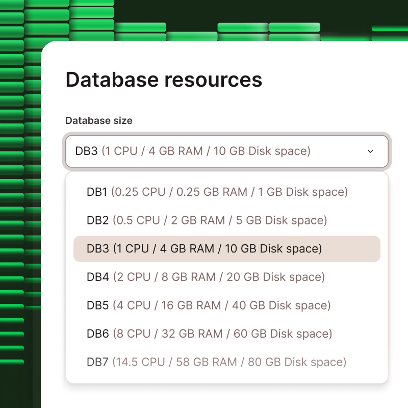 Screenshot showing selector for different database resource levels