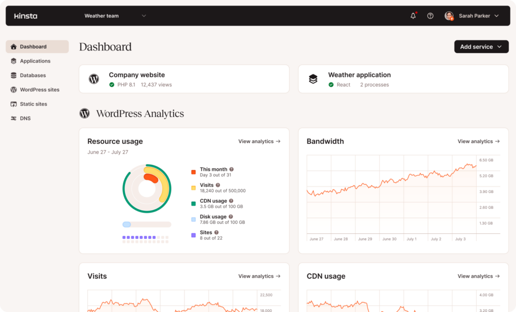 Screenshot des Standard-Dashboards von MyKinsta