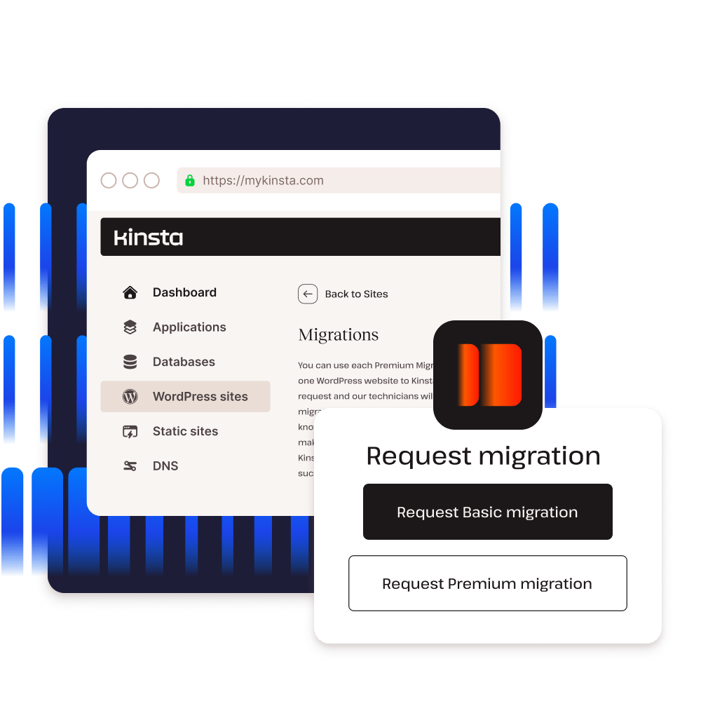 Screenshots showing the request migration functionality in MyKinsta